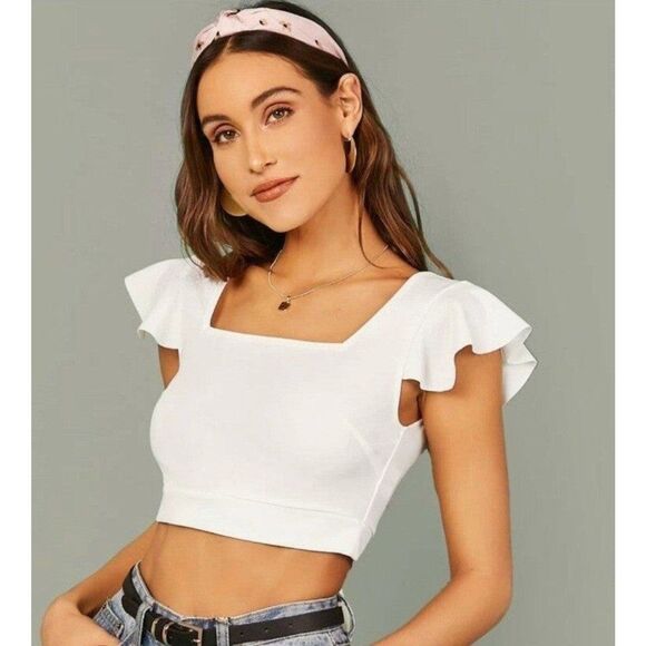 SHEIN Womens Sz Large Unity Square Neck Tie Back Ruffle Trim Crop Top White - Picture 1 of 8